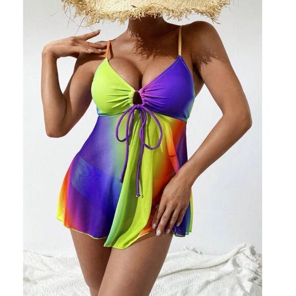 Y2K Rainbow Ombre Mermaidcore Cosplay Drawstring Bikini Cami Swimsuit Set - Picture 10 of 11